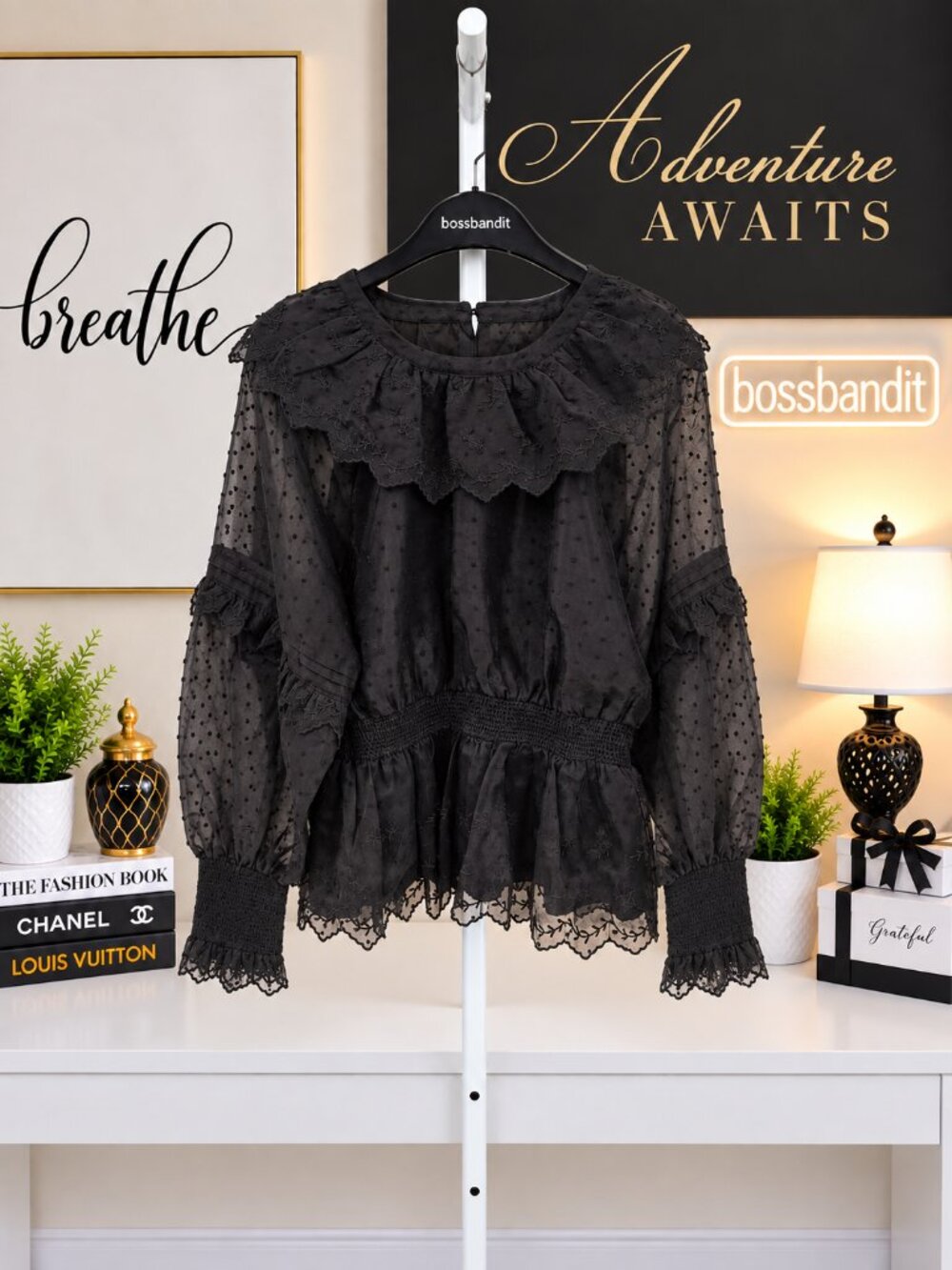 TOPSHOP Black Dobby Satin Shirred Waist Ruffle Sleeve Blouse US 10 NWOT - Picture 3 of 7